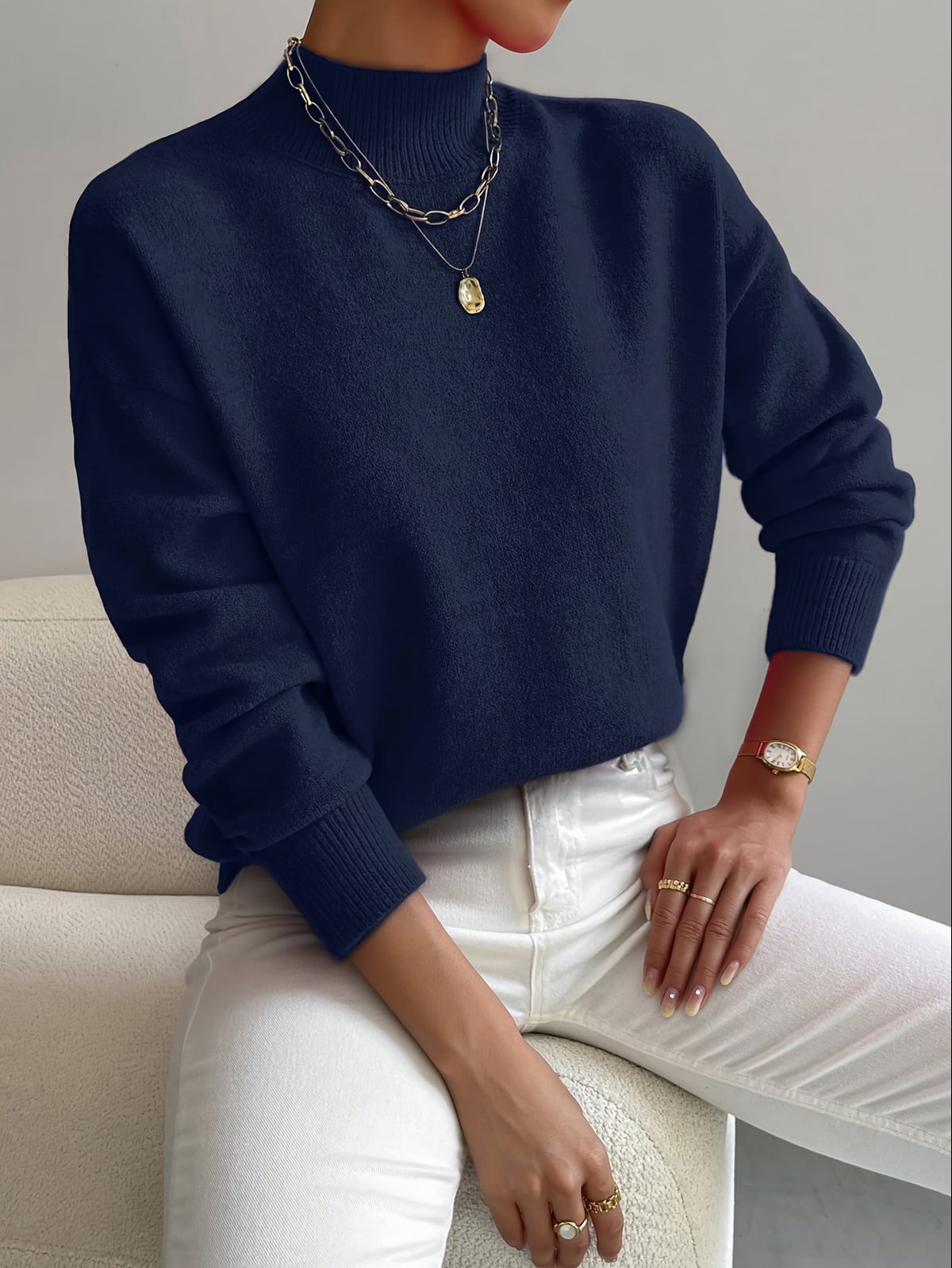 women's drop shoulder mock neck pullover sweater dark blue