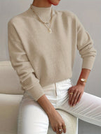 women's drop shoulder mock neck pullover sweater apricot