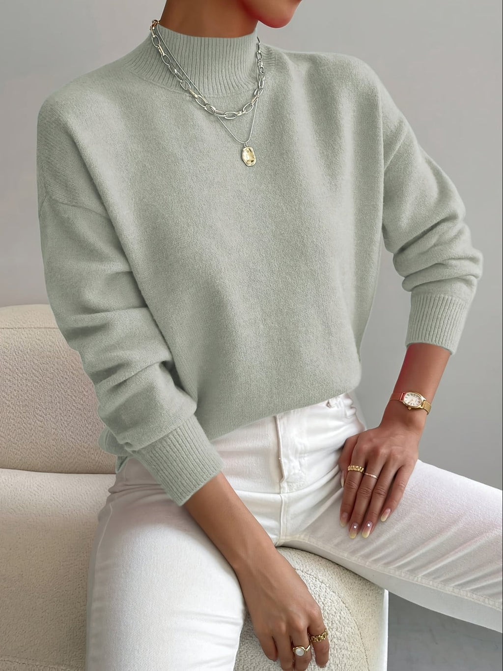 women's drop shoulder mock neck pullover sweater light gray