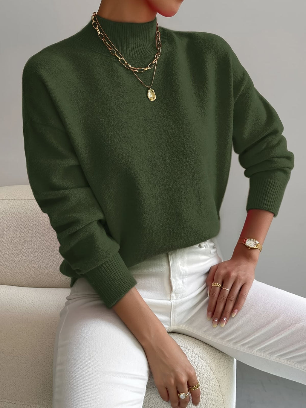 women's drop shoulder mock neck pullover sweater green