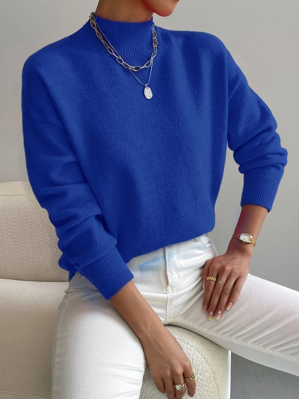women's drop shoulder mock neck pullover sweater blue