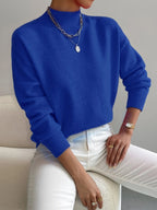 women's drop shoulder mock neck pullover sweater blue