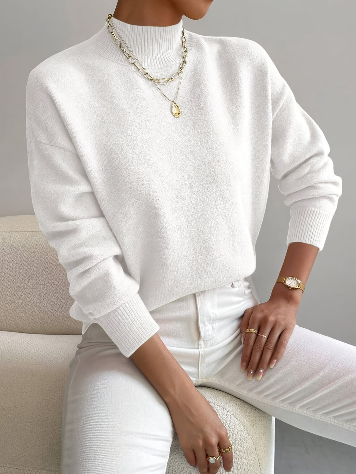 women's drop shoulder mock neck pullover sweater white