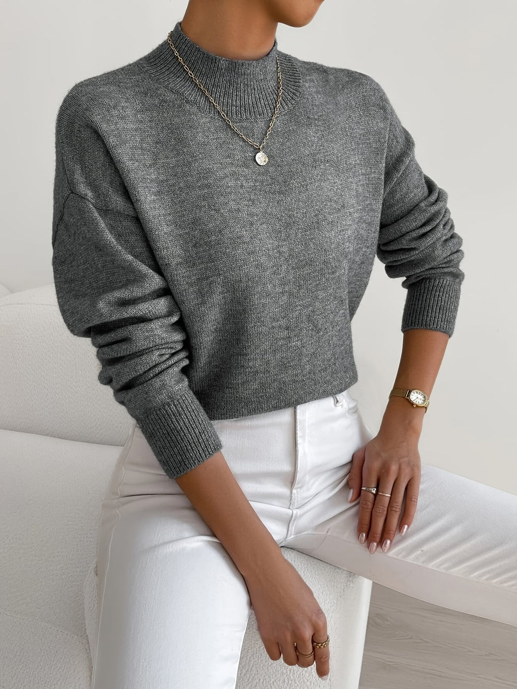 women's drop shoulder mock neck pullover sweater dark gray
