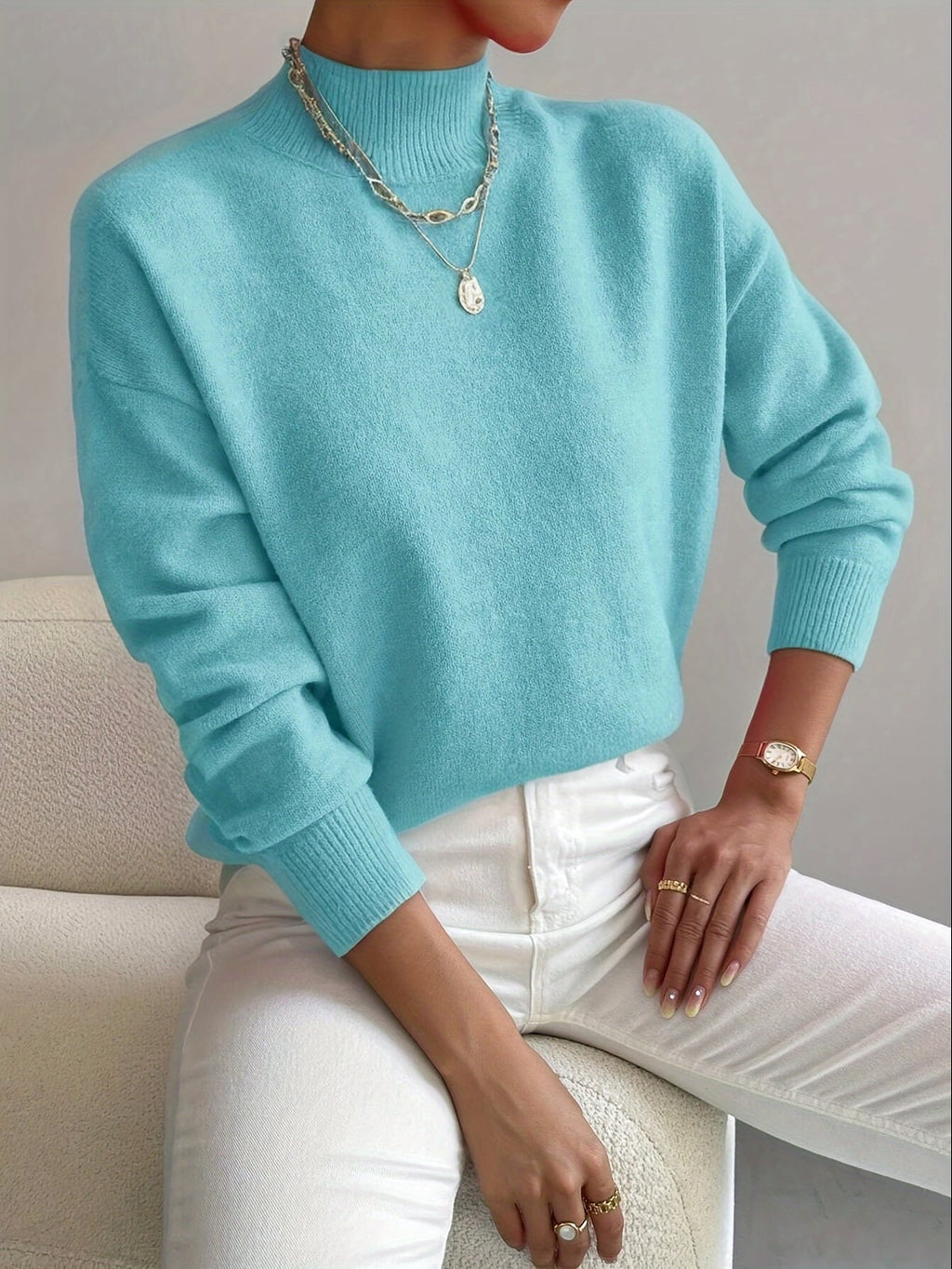 women's drop shoulder mock neck pullover sweater cyan