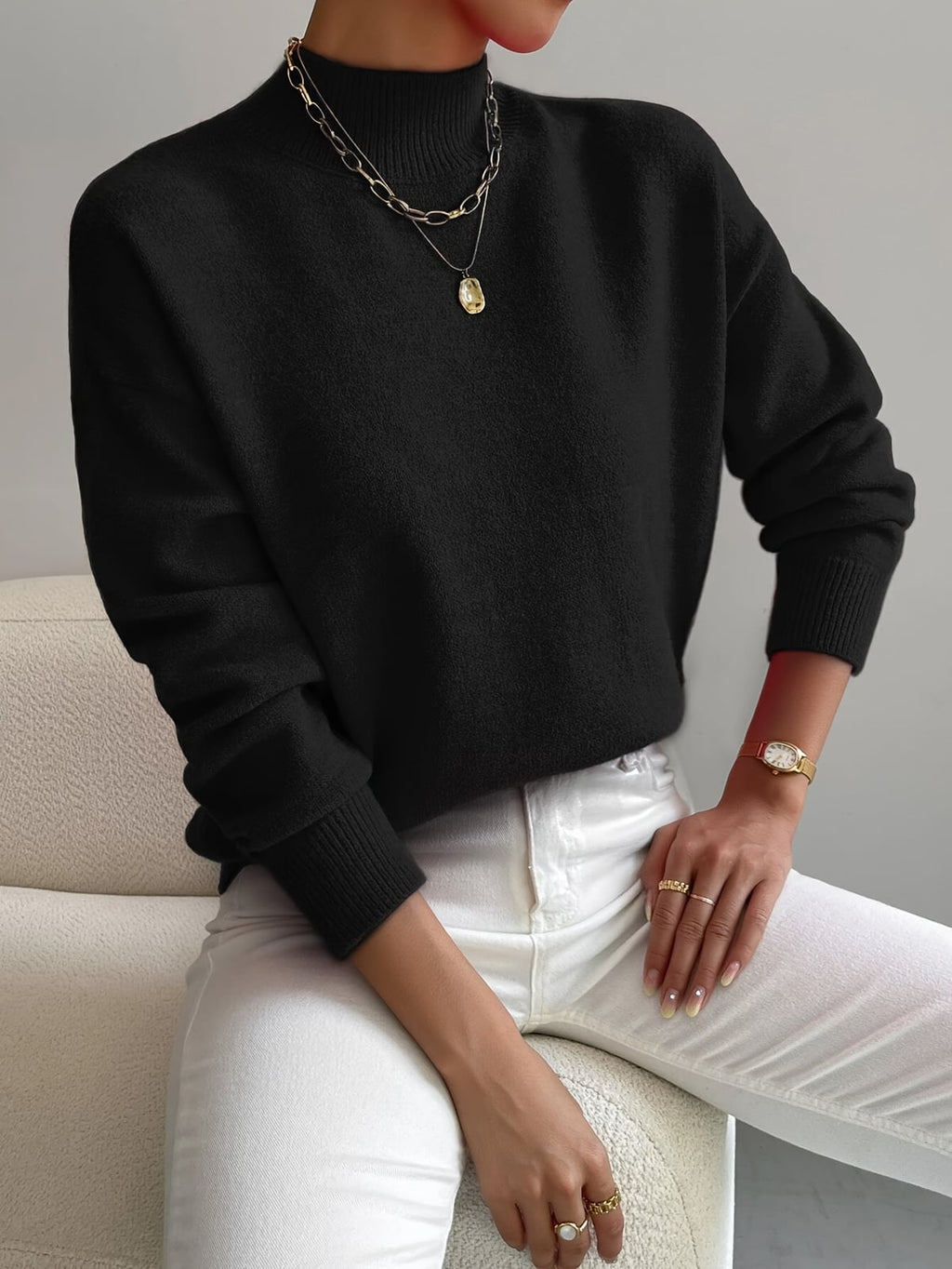 women's drop shoulder mock neck pullover sweater black