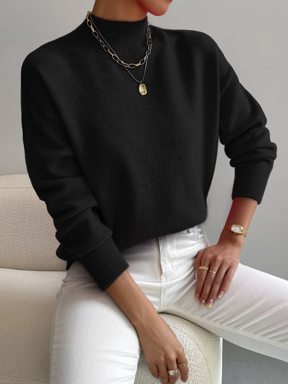 women's drop shoulder mock neck pullover sweater black