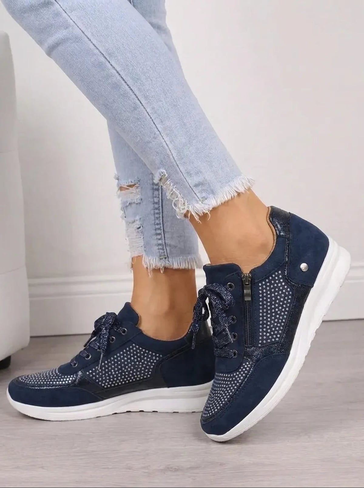 women's embellished lace-up trainers in blue