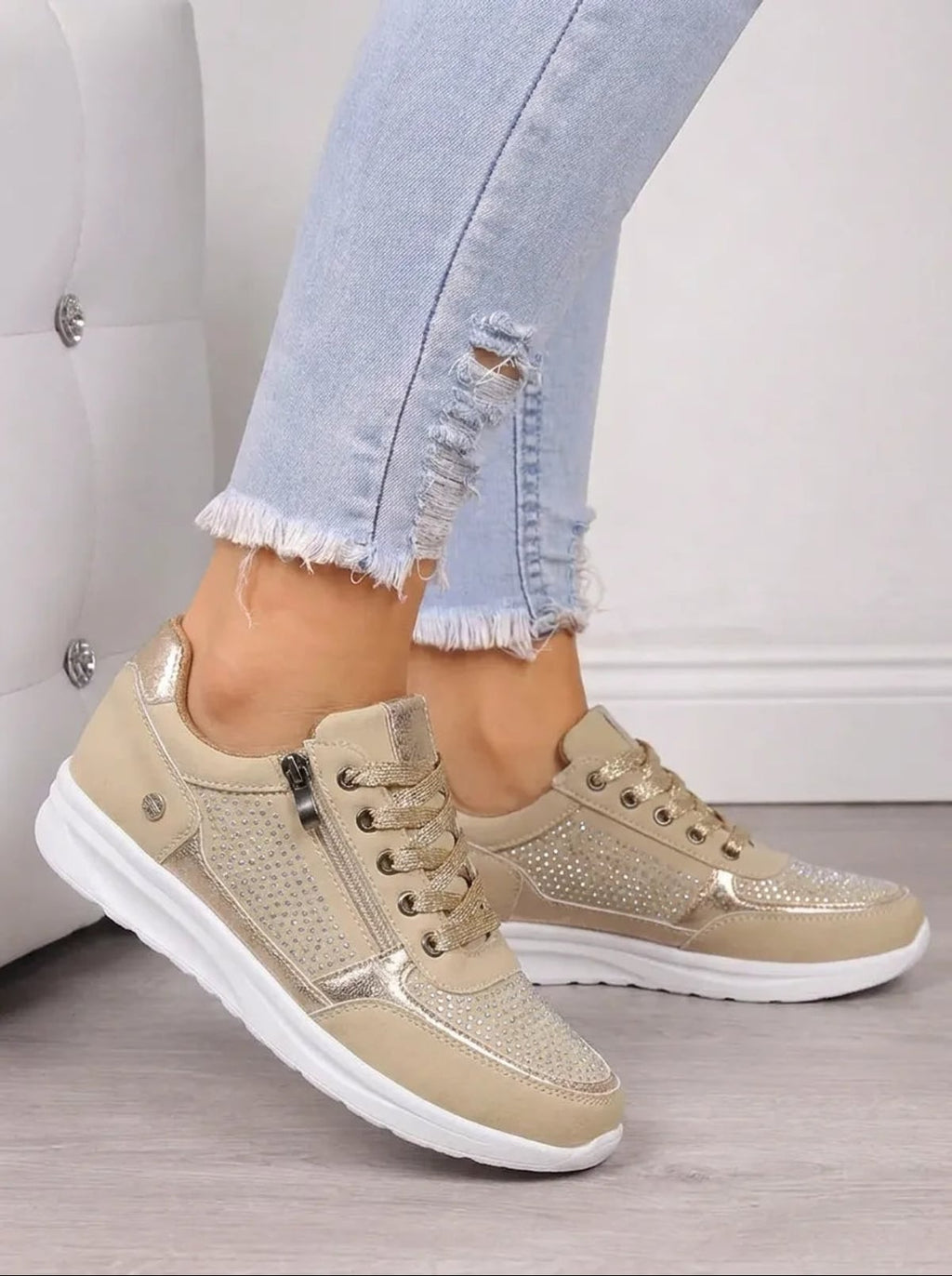 women's embellished lace-up trainers in beige