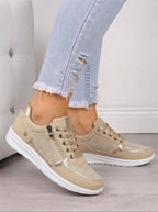 women's embellished lace-up trainers in beige