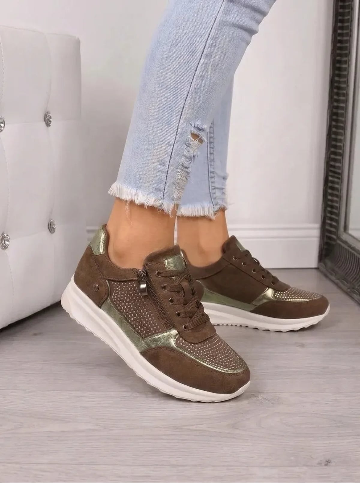 women's embellished lace-up trainers in brown