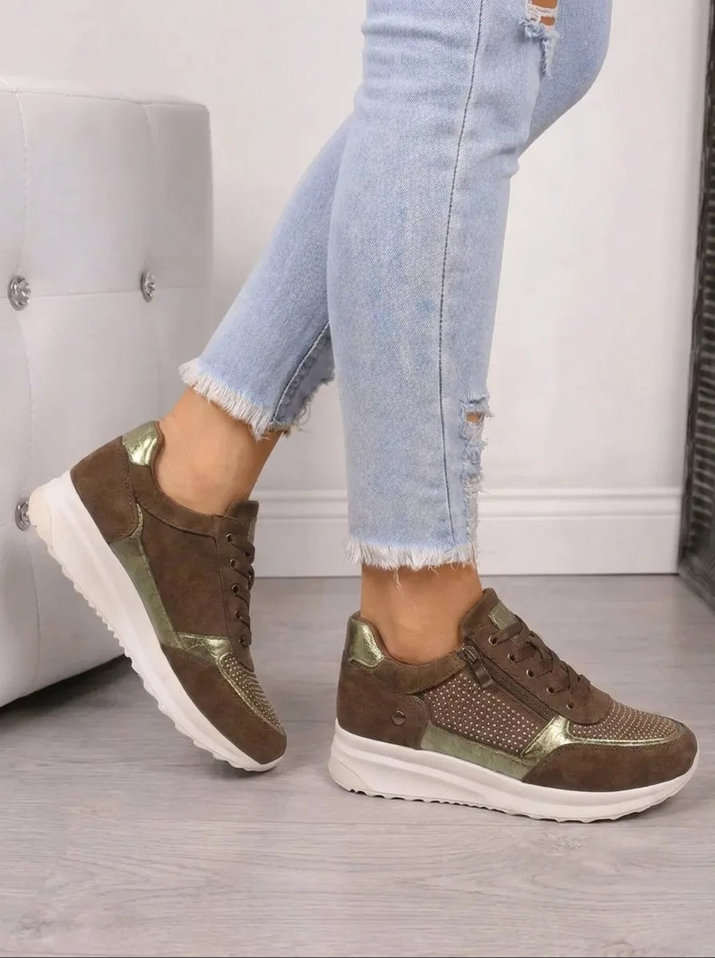 women's embellished lace-up trainers in brown