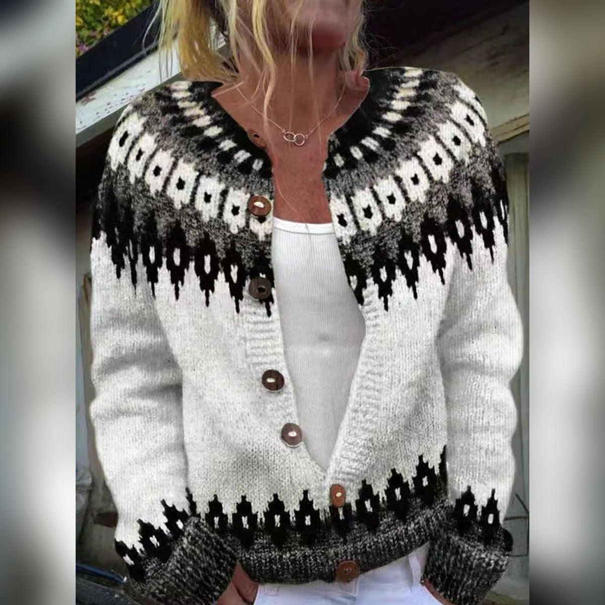 women's fair isle button-up cardigan sweater in white