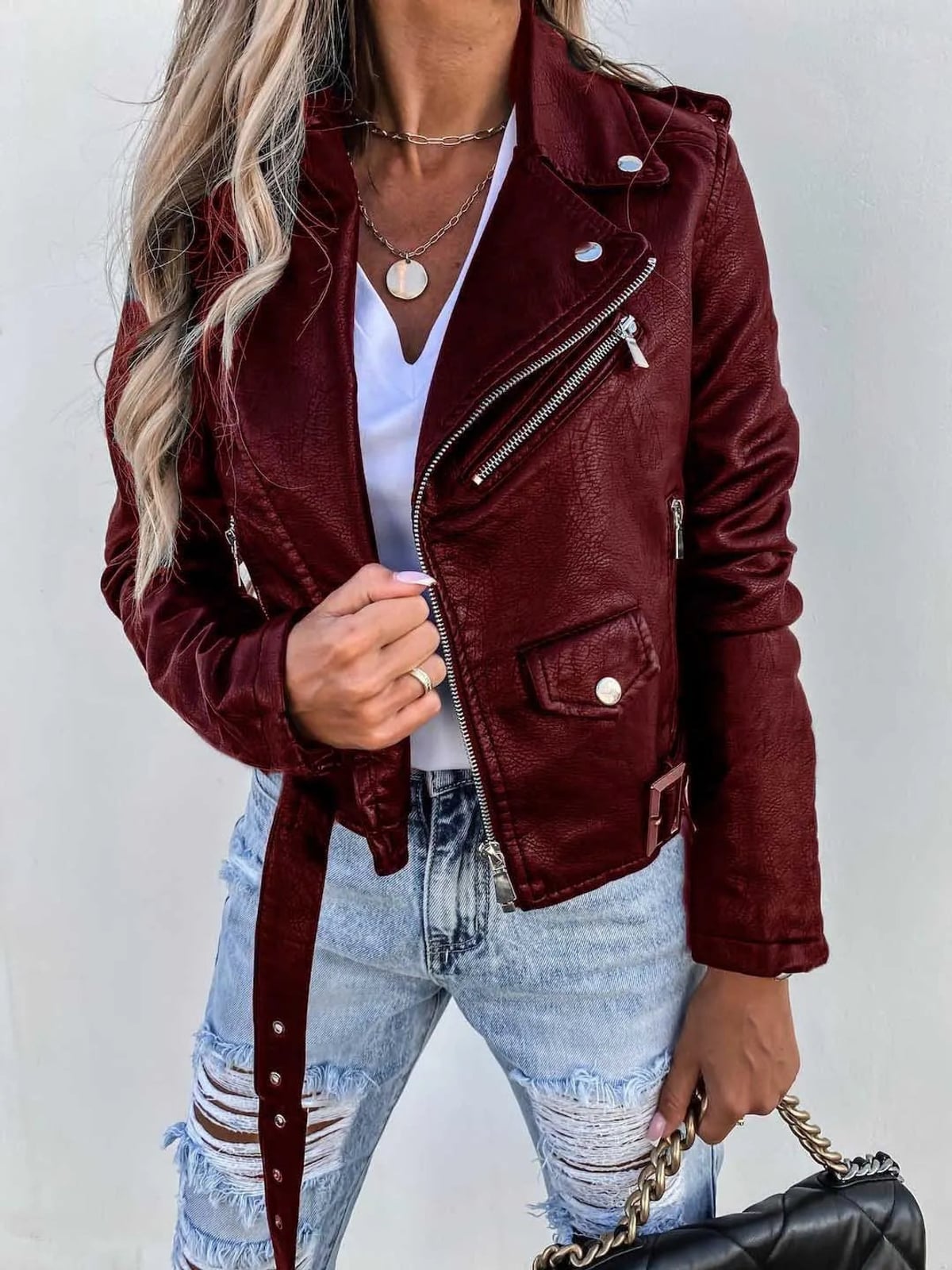 women's fitted biker jacket in red