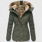 women's fitted puffer winter coat with faux fur hood in green