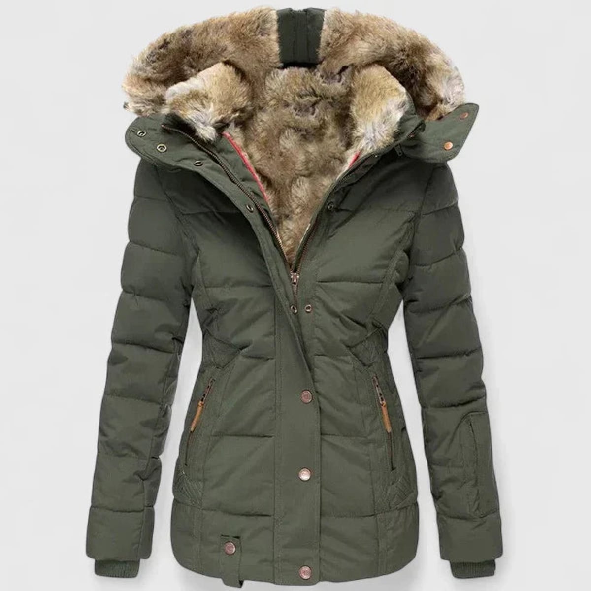 women's fitted puffer winter coat with faux fur hood in green
