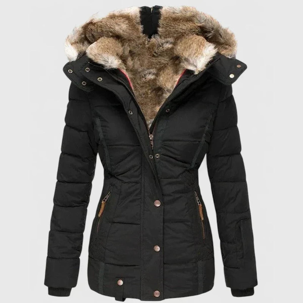 women's fitted puffer winter coat with faux fur hood in black