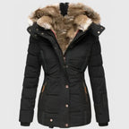 women's fitted puffer winter coat with faux fur hood in black