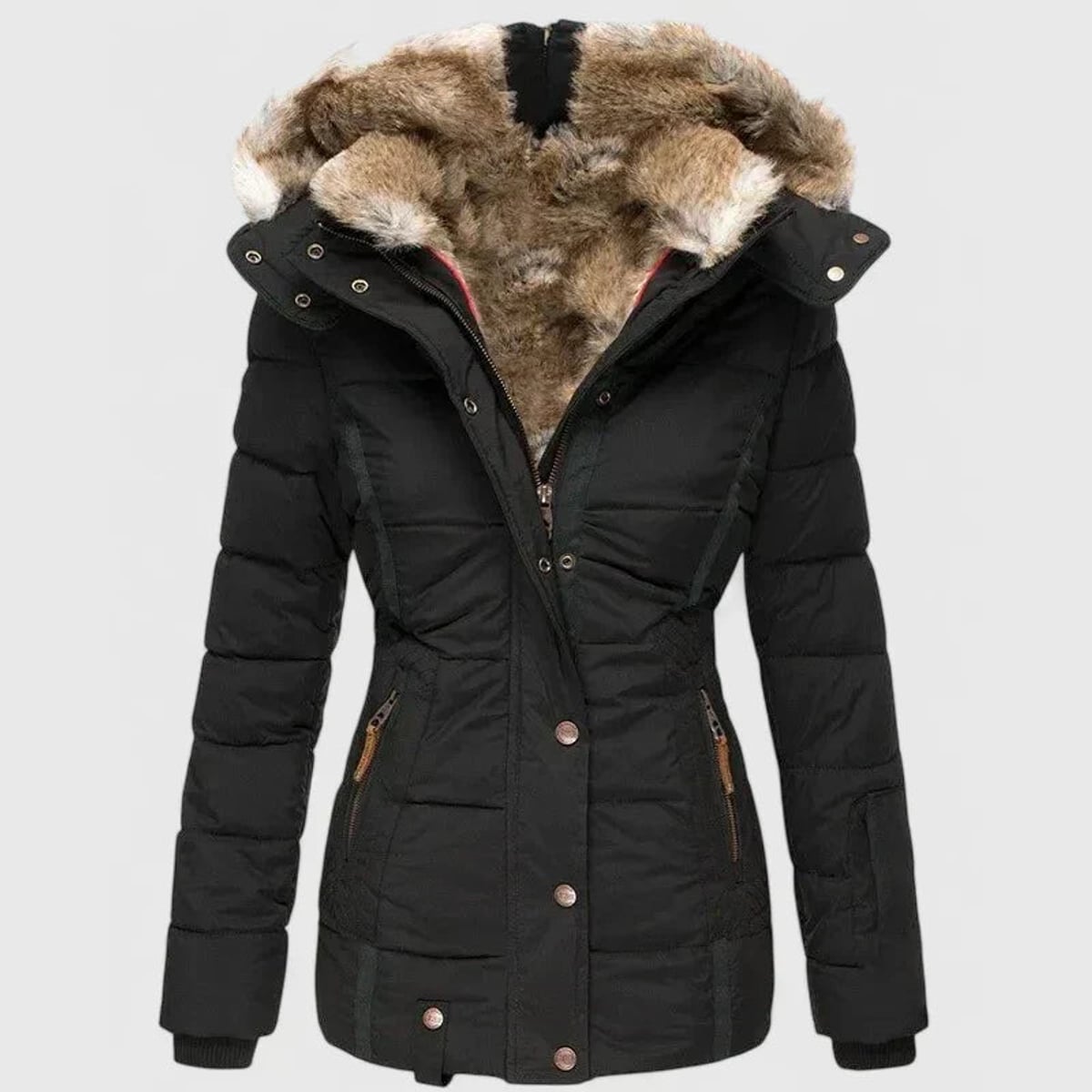 women's fitted puffer winter coat with faux fur hood in black