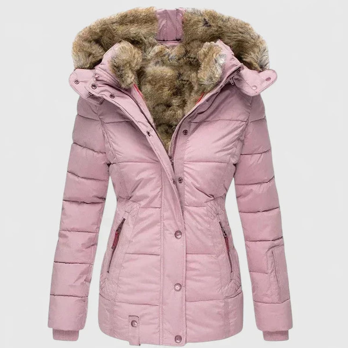 women's fitted puffer winter coat with faux fur hood in pink