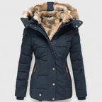 women's fitted puffer winter coat with faux fur hood in blue