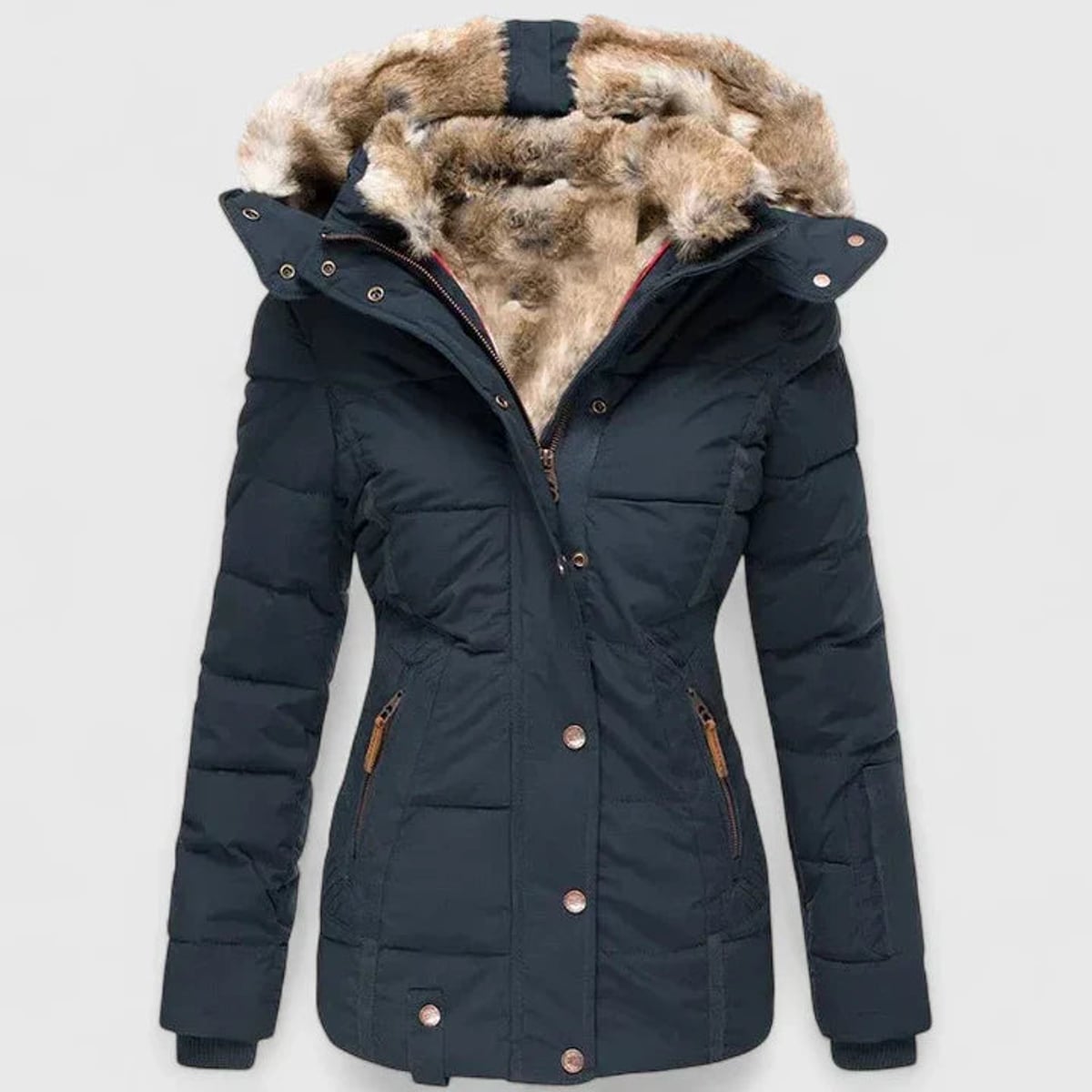 women's fitted puffer winter coat with faux fur hood in blue