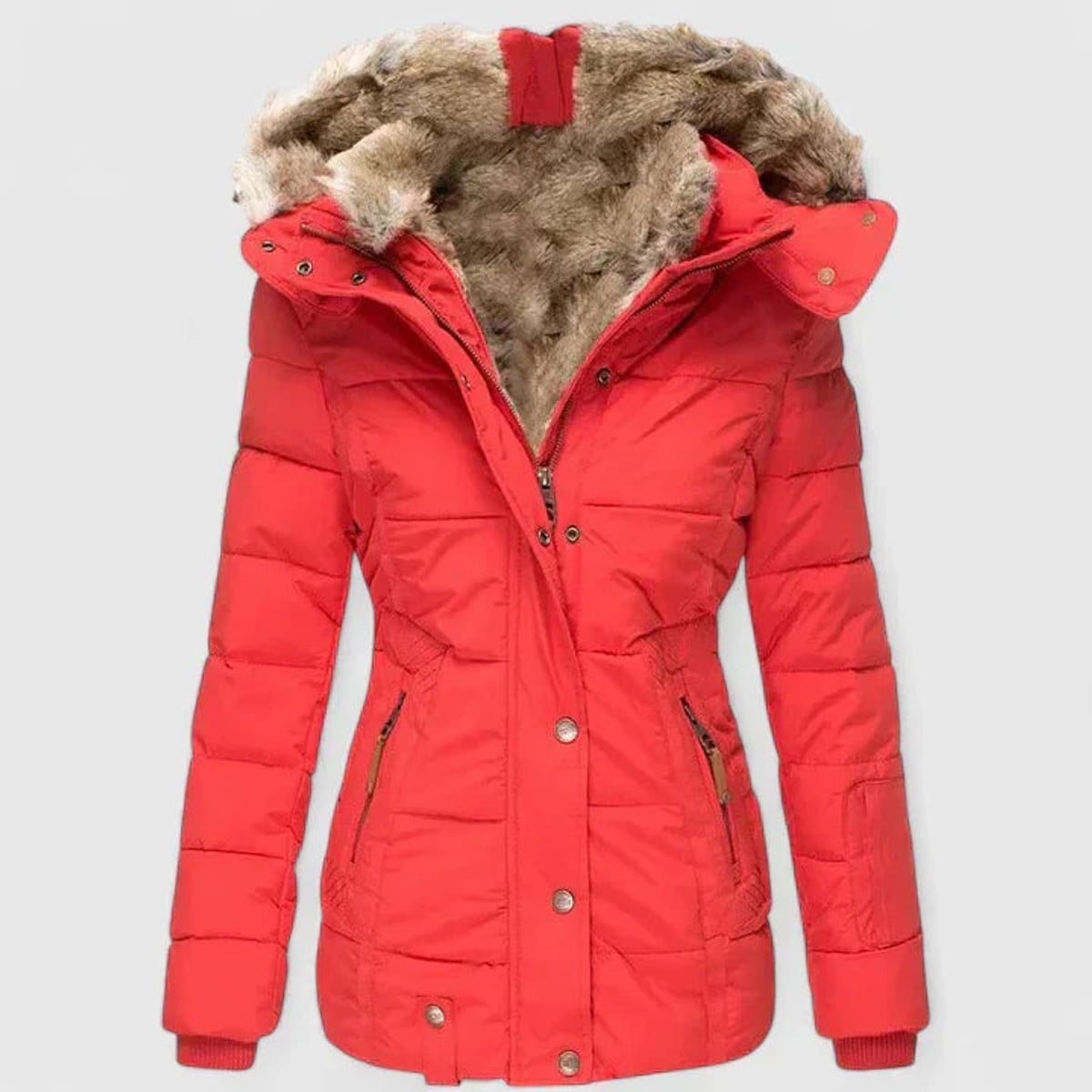 women's fitted puffer winter coat with faux fur hood in red