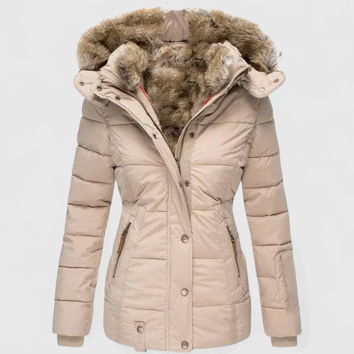 women's fitted puffer winter coat with faux fur hood in beige