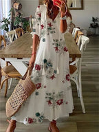 women's floral boho maxi dress with v-neck in white