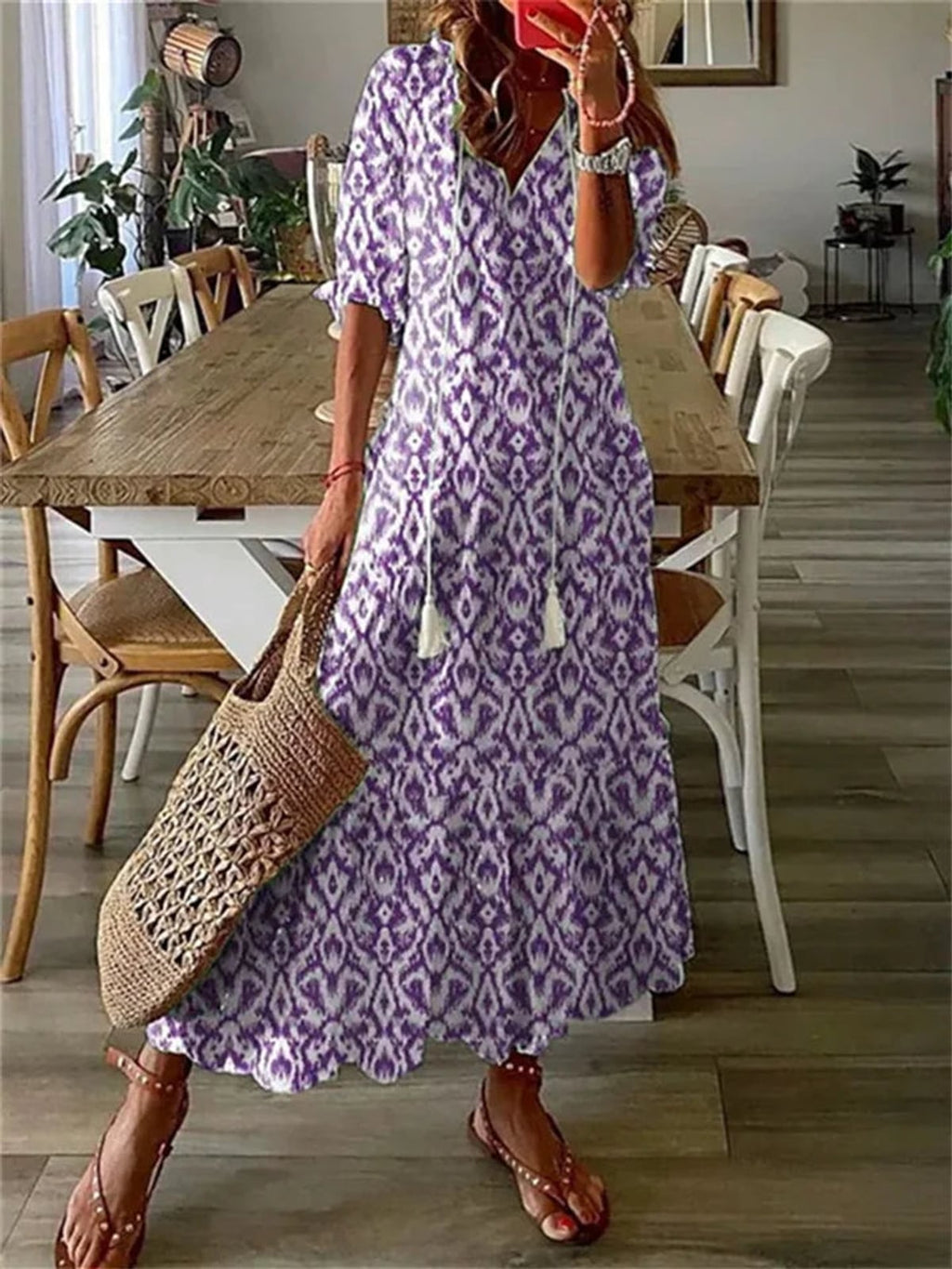 women's floral boho maxi dress with v-neck in purple