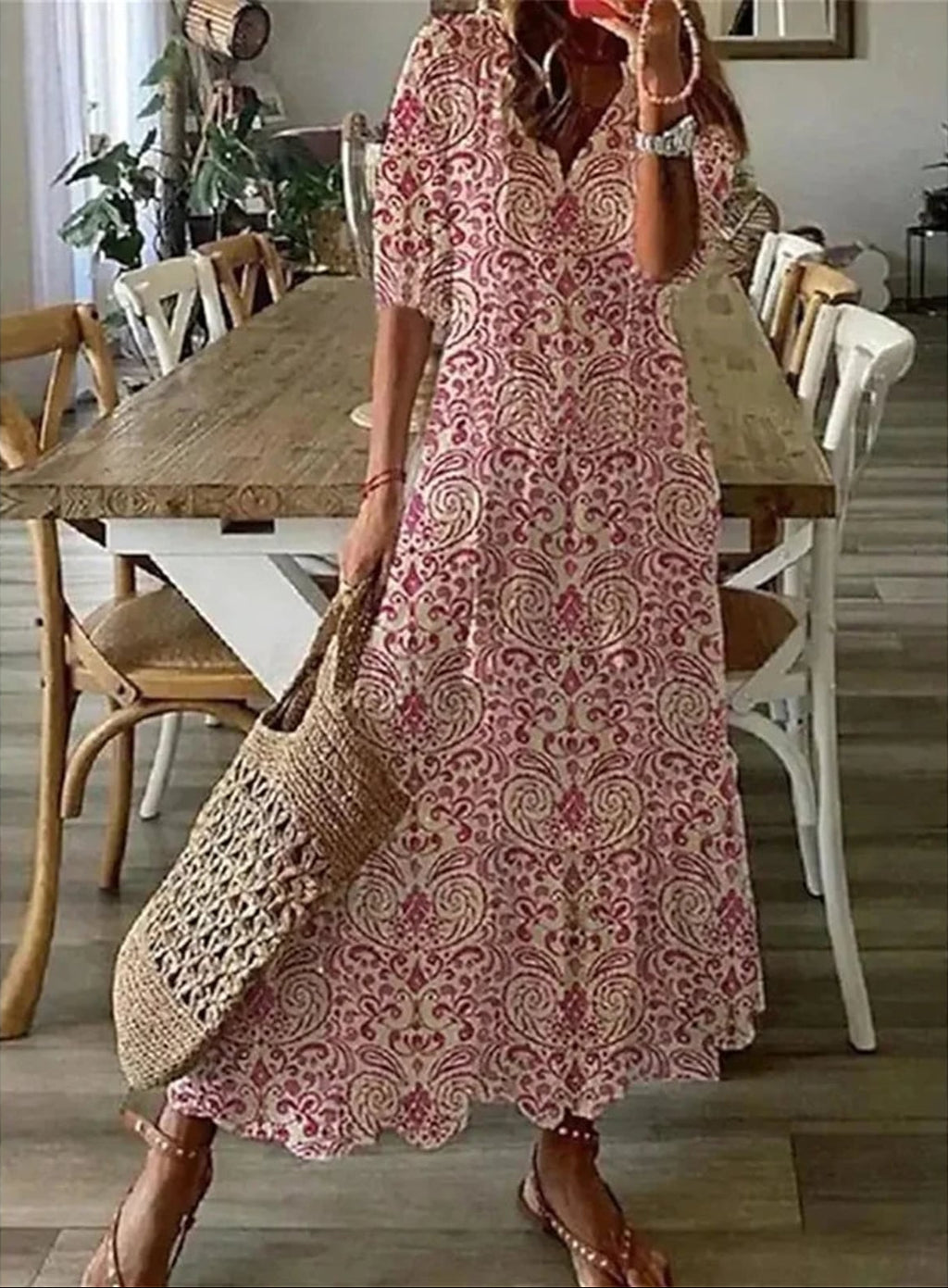 women's floral boho maxi dress with v-neck in red