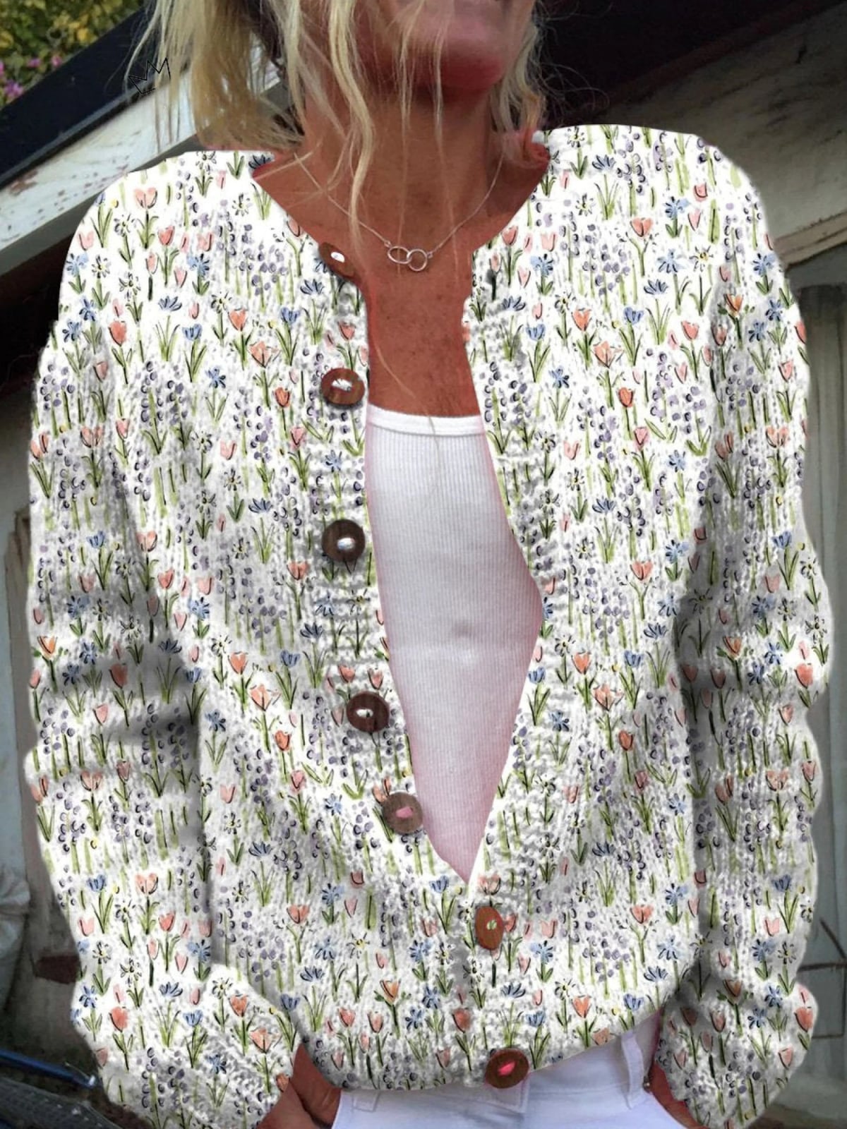 women's floral button-up cardigan in white