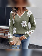 women's floral intarsia v-neck sweater in green
