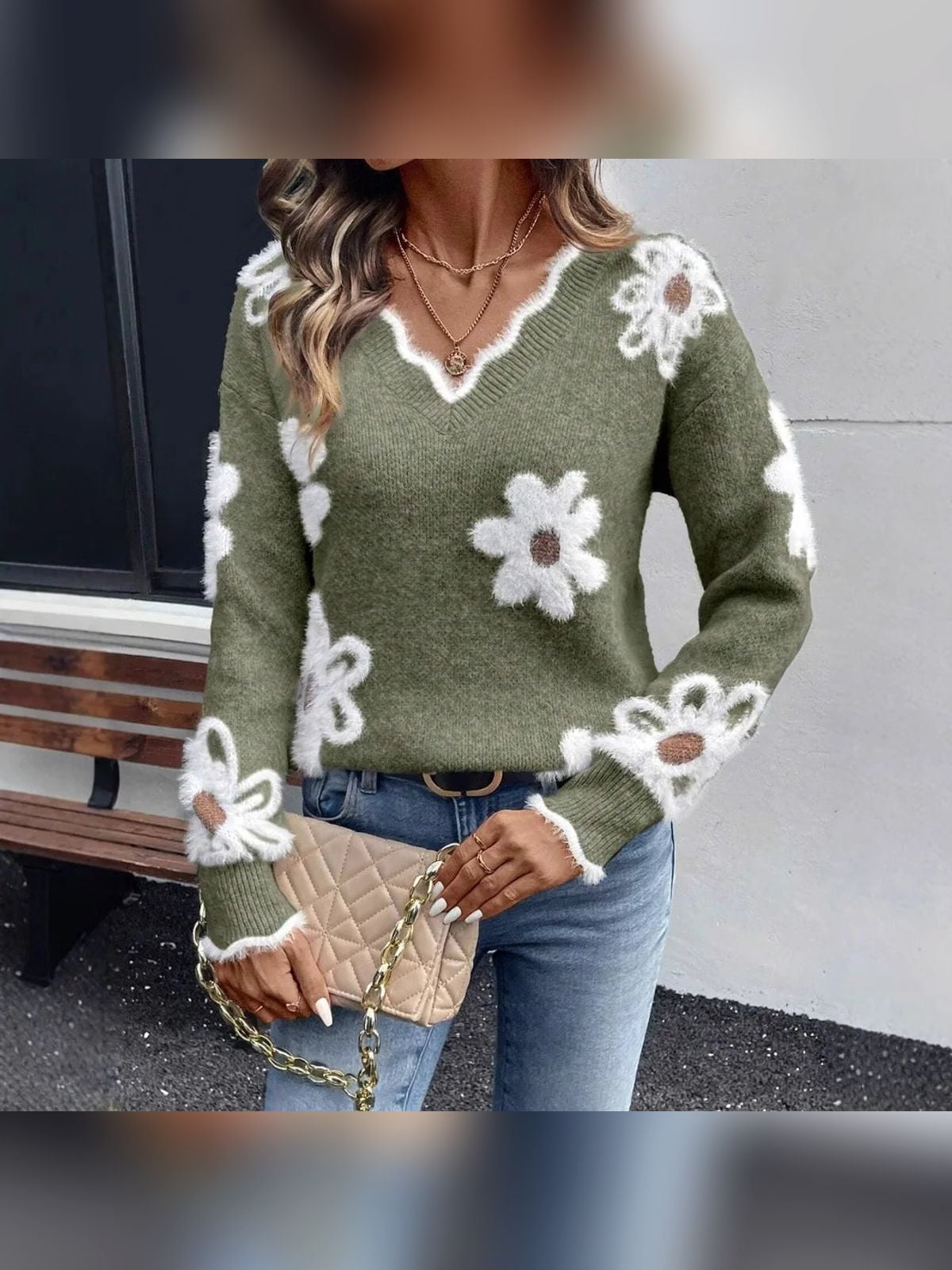 women's floral intarsia v-neck sweater in green