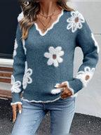 women's floral intarsia v-neck sweater in navy blue