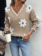 women's floral intarsia v-neck sweater in khaki