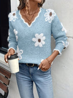 women's floral intarsia v-neck sweater in light blue