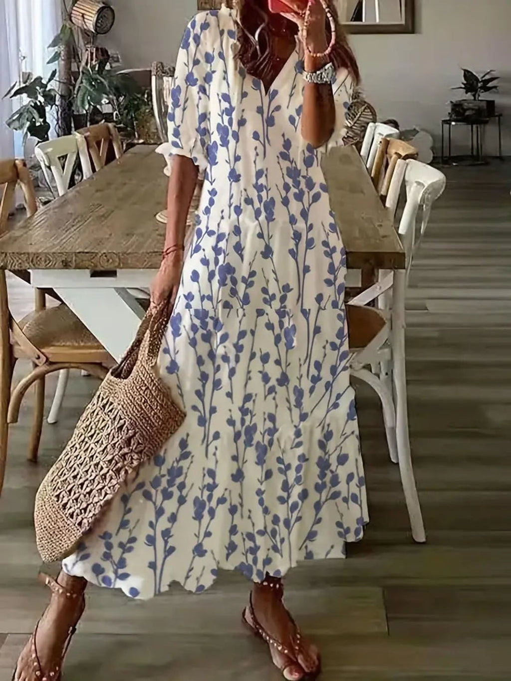 women's floral maxi dress v-neck half sleeve in light blue