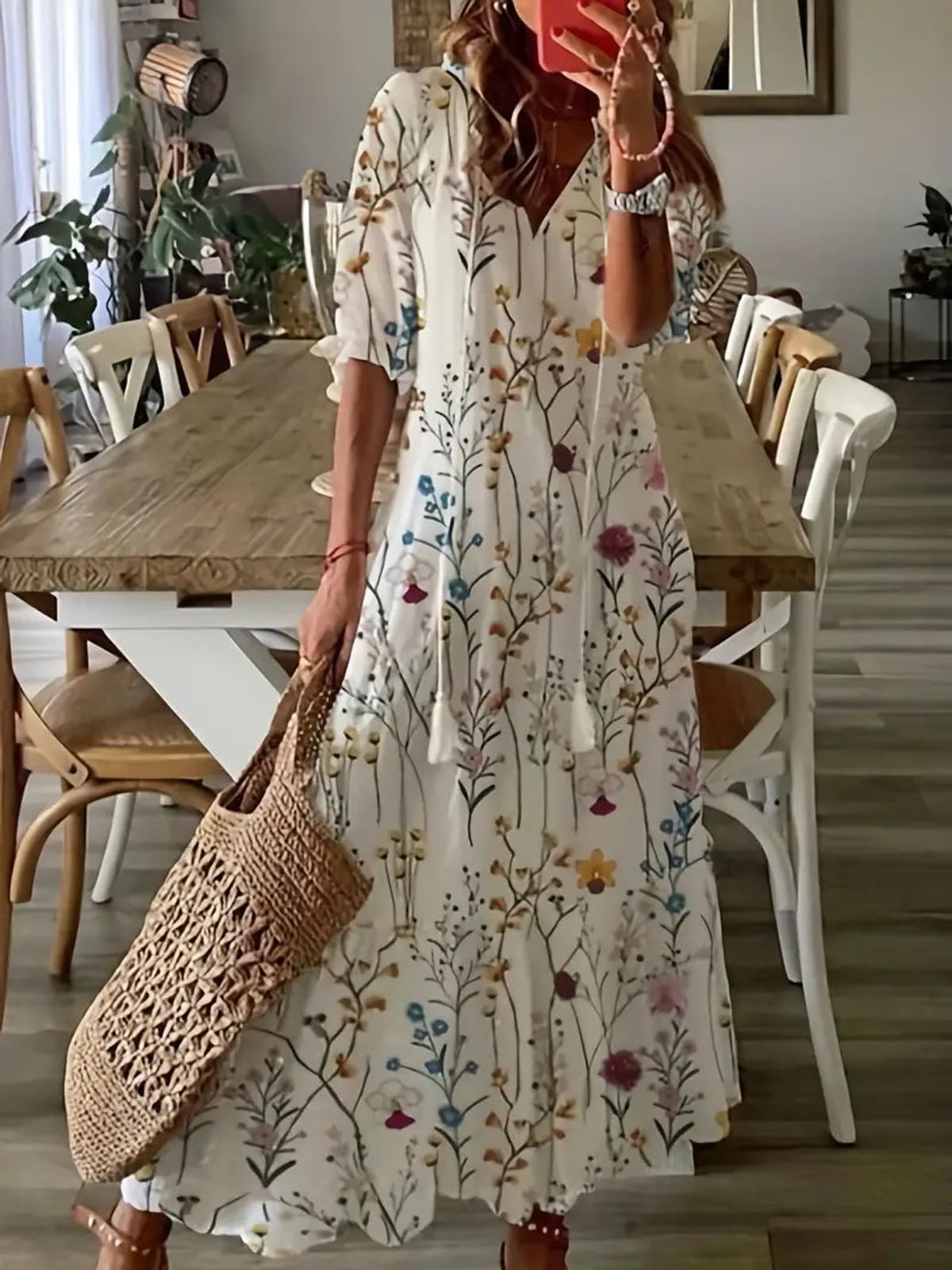 women's floral maxi dress v-neck half sleeve in white