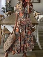 women's floral maxi dress v-neck half sleeve in brown
