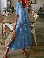 women's floral maxi dress v-neck half sleeve in dark blue