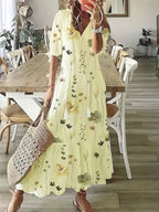 women's floral maxi dress v-neck half sleeve in yellow