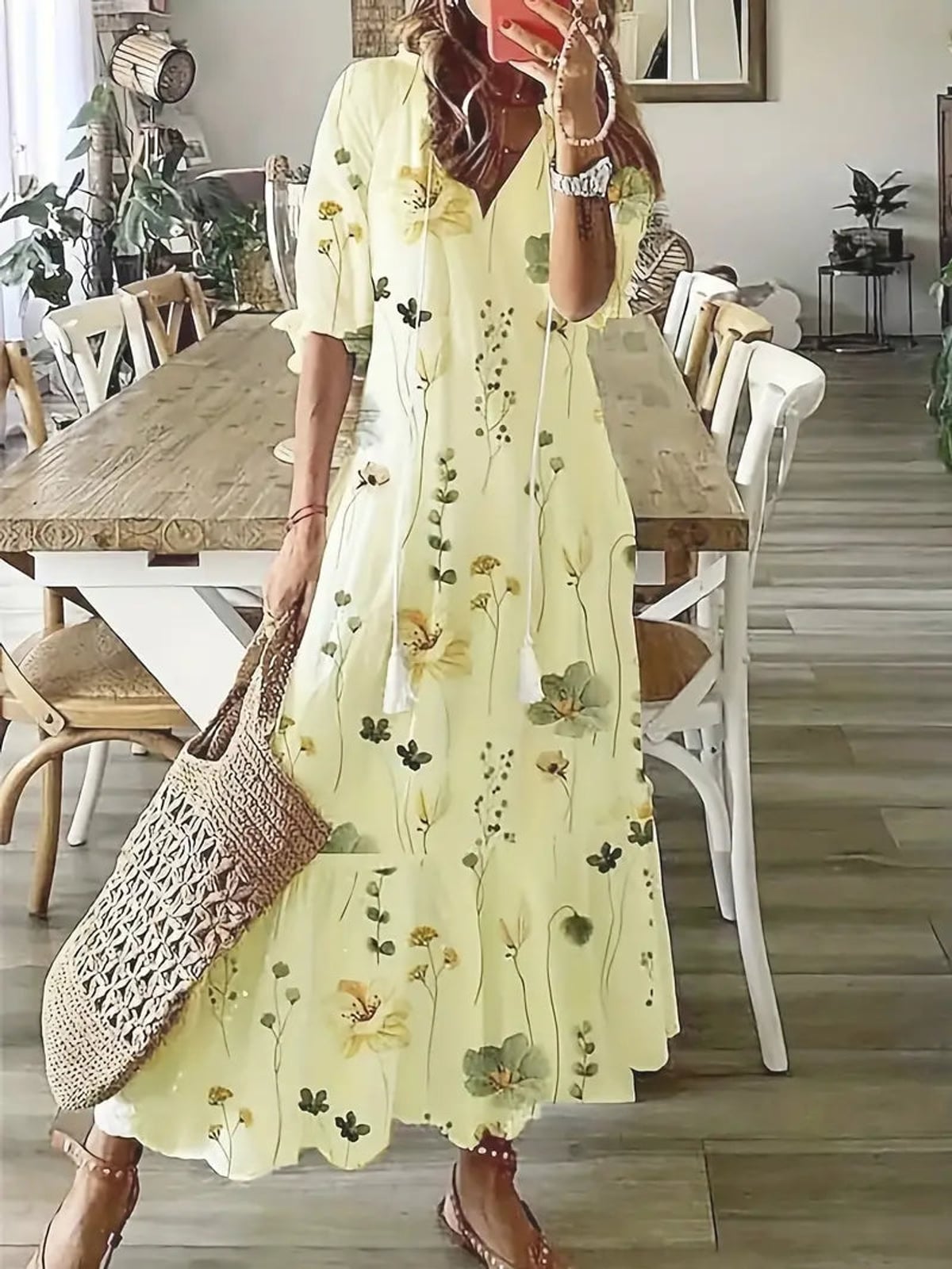 women's floral maxi dress v-neck half sleeve in yellow