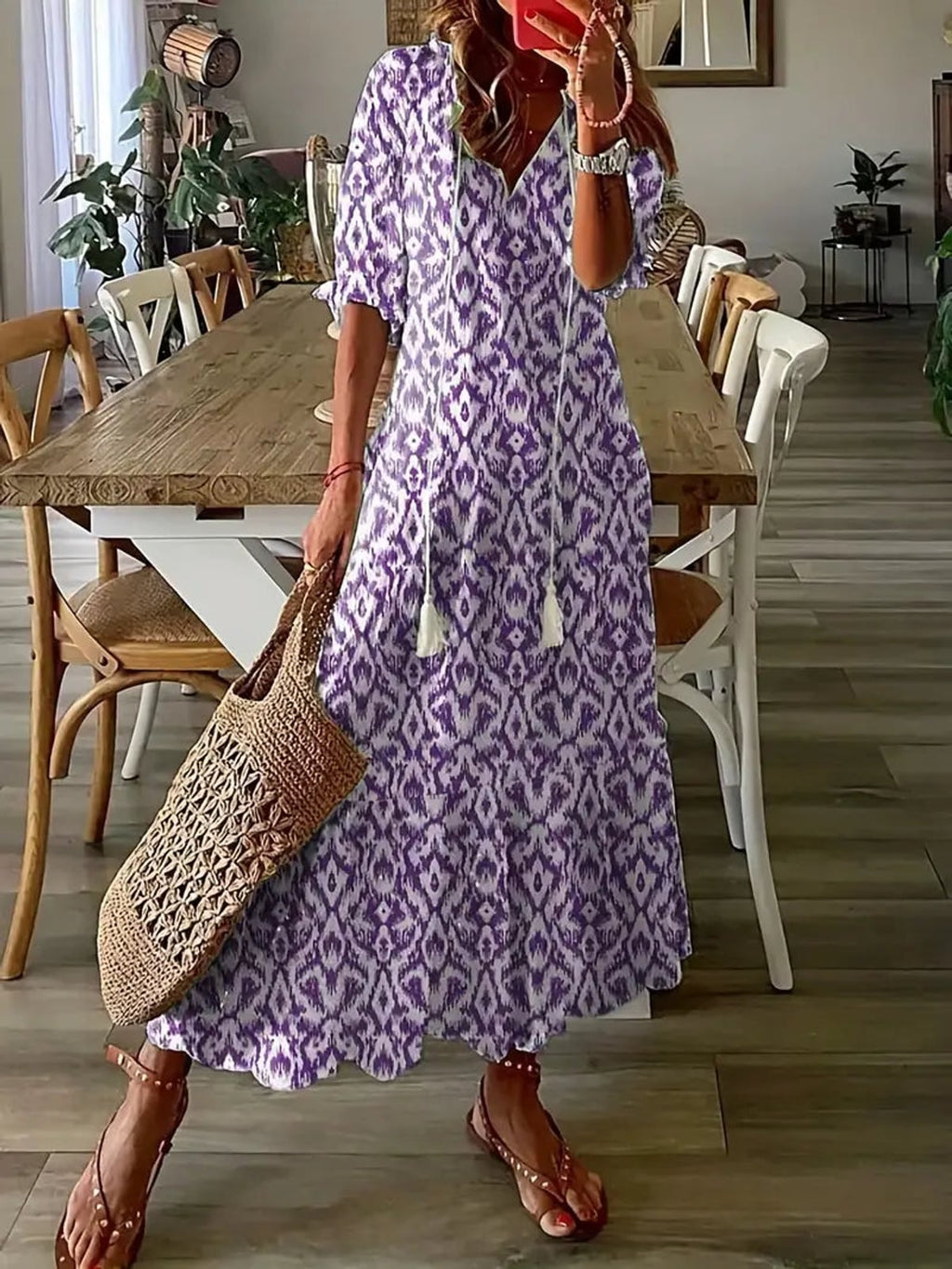 women's floral maxi dress v-neck half sleeve in mauve