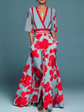 women's floral maxi dress with v-neck in red