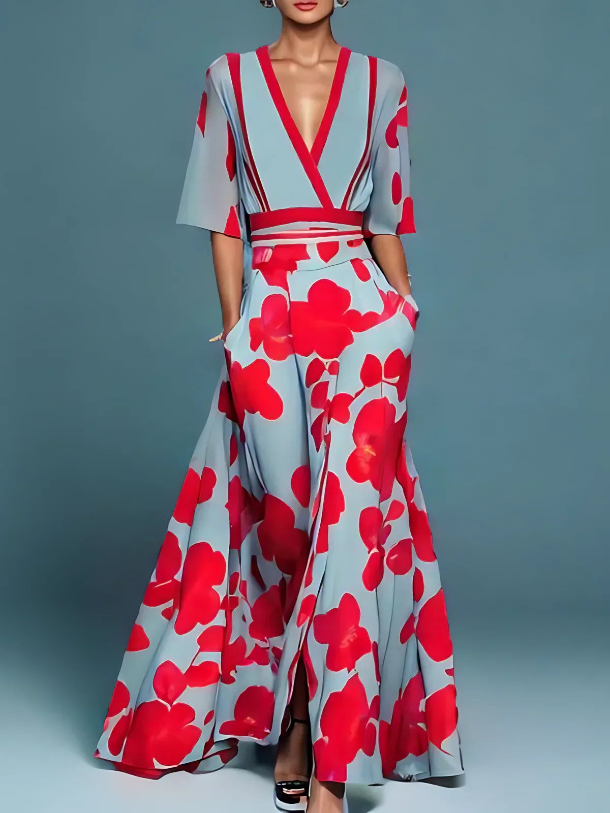 women's floral maxi dress with v-neck in red