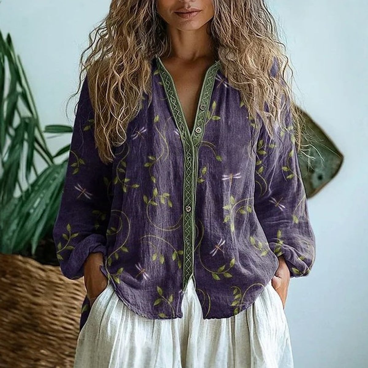 women's floral print long sleeve blouse in purple
