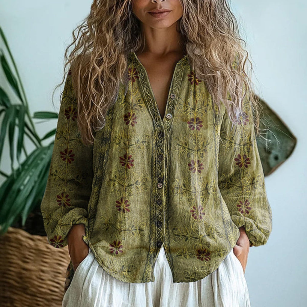 women's floral print long sleeve blouse in green