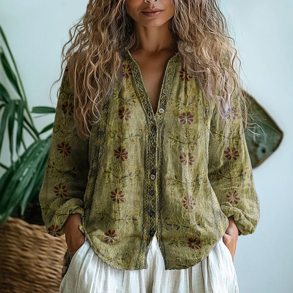 women's floral print long sleeve blouse in green