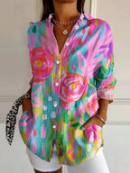 women's floral print long sleeve peasant blouse in pink